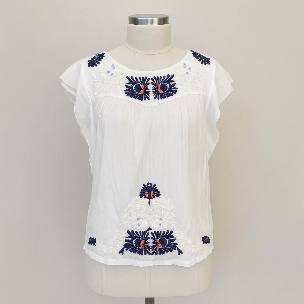 Hinge Embroidered Top Womens XS Floral White Blouse Flutter Bohemian Festival